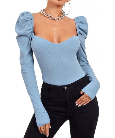 Women's Casual Puff Long Sleeve Pullover Sweetheart Neck Blouse Elegant Slim Solid Color T Shirt Light Blue $12.00 Tops