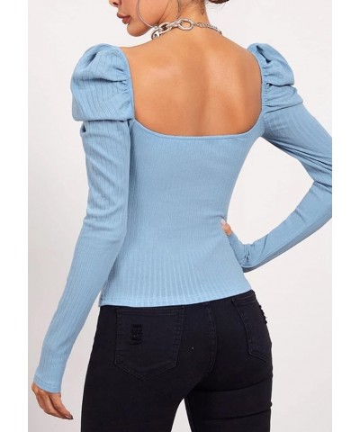 Women's Casual Puff Long Sleeve Pullover Sweetheart Neck Blouse Elegant Slim Solid Color T Shirt Light Blue $12.00 Tops