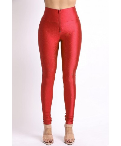 Shiny Skinny Leggings with Zipper - Stretch Active High Waist Tights Disco Party Club Night Out Pants Red $16.95 Leggings