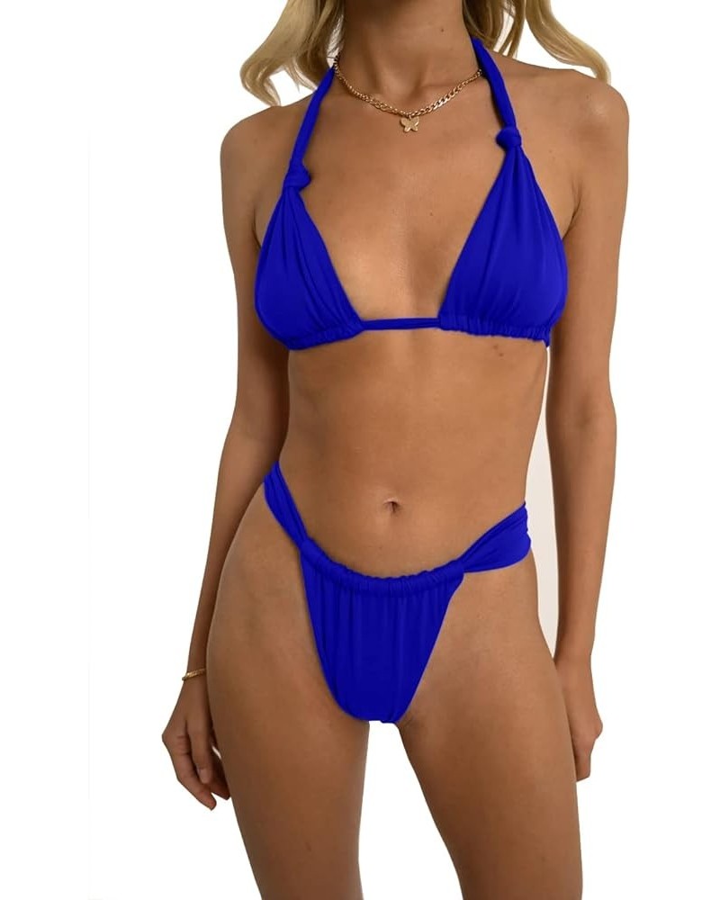 Women Two Piece Swimsuits Halter Triangle String Bikini Sets Sexy Ruched Brazilian Cheeky Thong Bathing Suit Royal Blue $14.2...