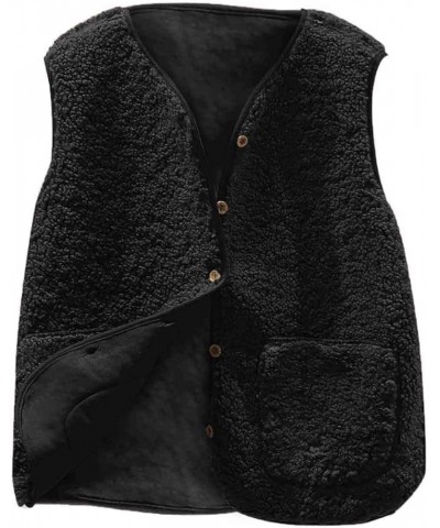 Women Warm Wool Vest Sexy V-Neck Fuzzy Fleece Soft Button Down Solid Color Short Outwear Jacket with Pockets Black $13.51 Vests