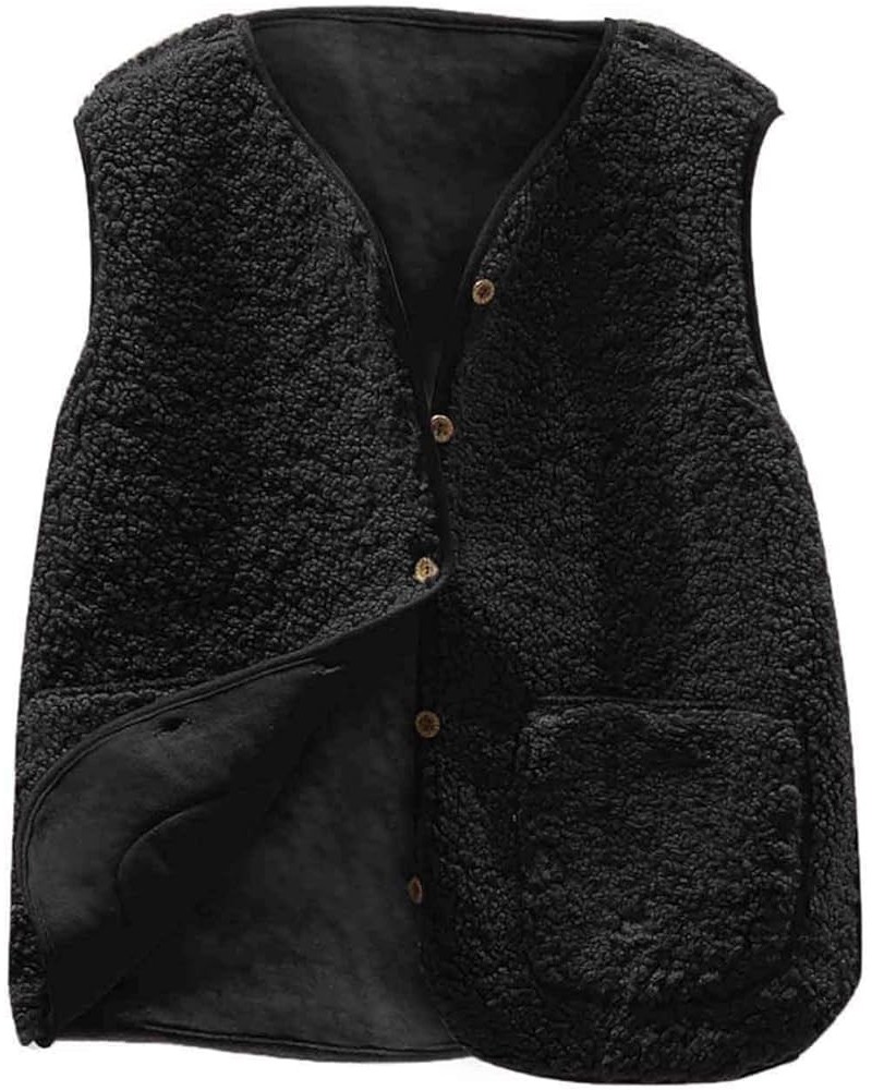 Women Warm Wool Vest Sexy V-Neck Fuzzy Fleece Soft Button Down Solid Color Short Outwear Jacket with Pockets Black $13.51 Vests