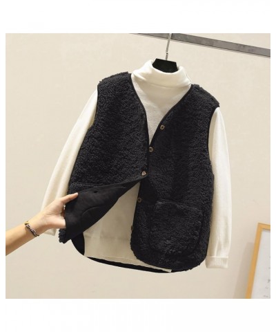 Women Warm Wool Vest Sexy V-Neck Fuzzy Fleece Soft Button Down Solid Color Short Outwear Jacket with Pockets Black $13.51 Vests