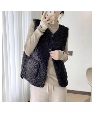 Women Warm Wool Vest Sexy V-Neck Fuzzy Fleece Soft Button Down Solid Color Short Outwear Jacket with Pockets Black $13.51 Vests