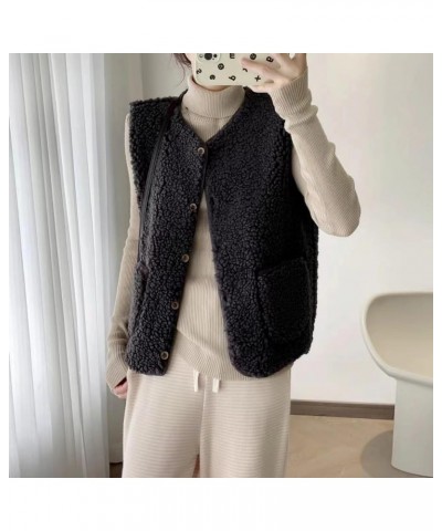 Women Warm Wool Vest Sexy V-Neck Fuzzy Fleece Soft Button Down Solid Color Short Outwear Jacket with Pockets Black $13.51 Vests