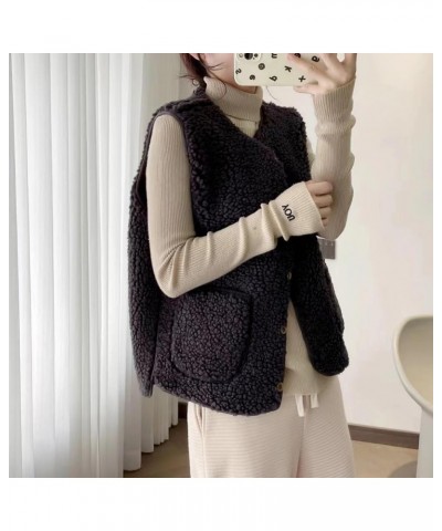 Women Warm Wool Vest Sexy V-Neck Fuzzy Fleece Soft Button Down Solid Color Short Outwear Jacket with Pockets Black $13.51 Vests