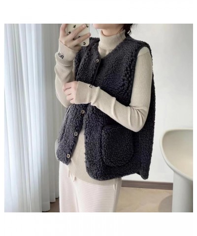 Women Warm Wool Vest Sexy V-Neck Fuzzy Fleece Soft Button Down Solid Color Short Outwear Jacket with Pockets Black $13.51 Vests