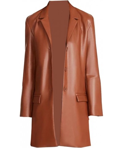 Women Four Hole Buttons Long Camel and Black Real Trench Coat Leather Jacket Camel $79.54 Coats