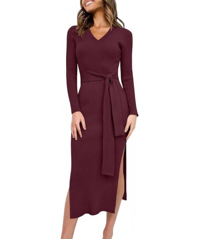 Women's Crew Neck Long Sleeve Midi Sweater Dress Elegant Side Slit Rib Knit Slim Tie Waist Bodycon Dress with Belt 01-burgund...