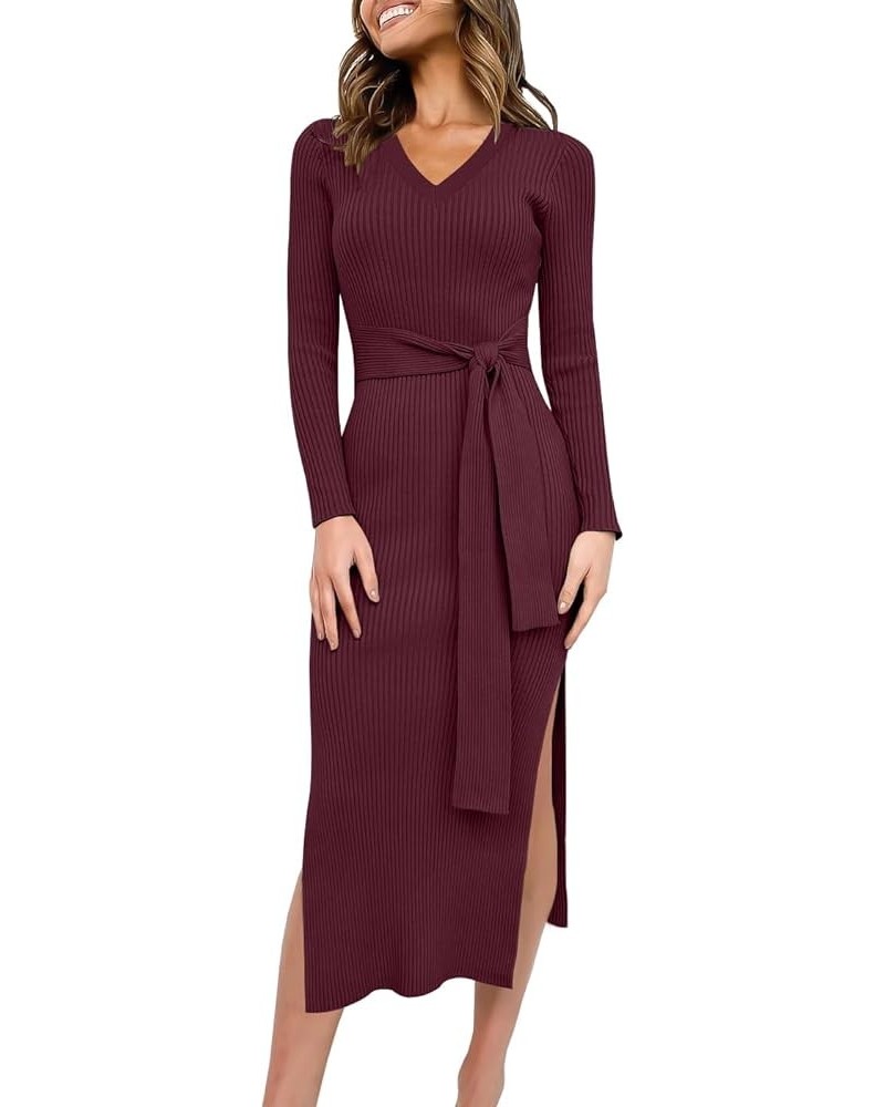 Women's Crew Neck Long Sleeve Midi Sweater Dress Elegant Side Slit Rib Knit Slim Tie Waist Bodycon Dress with Belt 01-burgund...