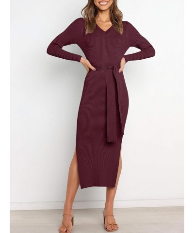 Women's Crew Neck Long Sleeve Midi Sweater Dress Elegant Side Slit Rib Knit Slim Tie Waist Bodycon Dress with Belt 01-burgund...