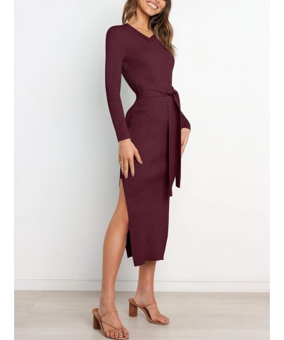 Women's Crew Neck Long Sleeve Midi Sweater Dress Elegant Side Slit Rib Knit Slim Tie Waist Bodycon Dress with Belt 01-burgund...