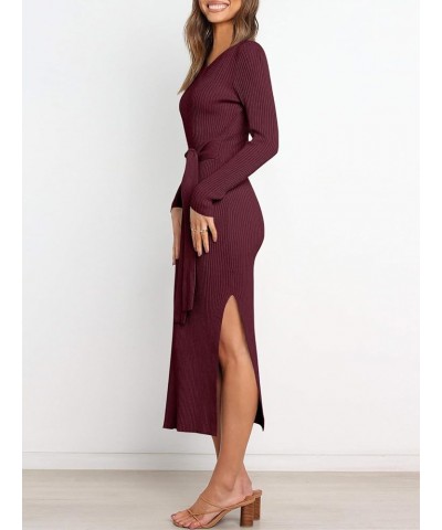 Women's Crew Neck Long Sleeve Midi Sweater Dress Elegant Side Slit Rib Knit Slim Tie Waist Bodycon Dress with Belt 01-burgund...