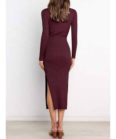 Women's Crew Neck Long Sleeve Midi Sweater Dress Elegant Side Slit Rib Knit Slim Tie Waist Bodycon Dress with Belt 01-burgund...