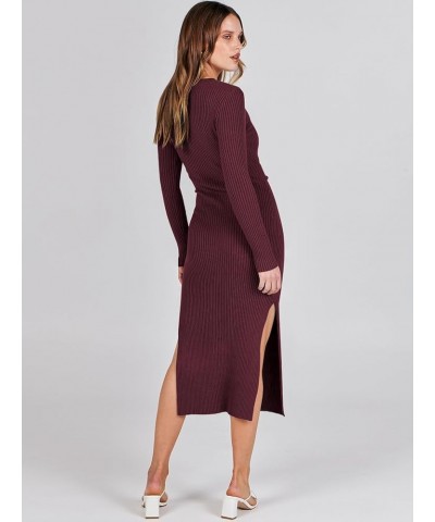 Women's Crew Neck Long Sleeve Midi Sweater Dress Elegant Side Slit Rib Knit Slim Tie Waist Bodycon Dress with Belt 01-burgund...