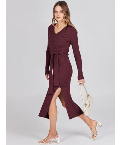 Women's Crew Neck Long Sleeve Midi Sweater Dress Elegant Side Slit Rib Knit Slim Tie Waist Bodycon Dress with Belt 01-burgund...