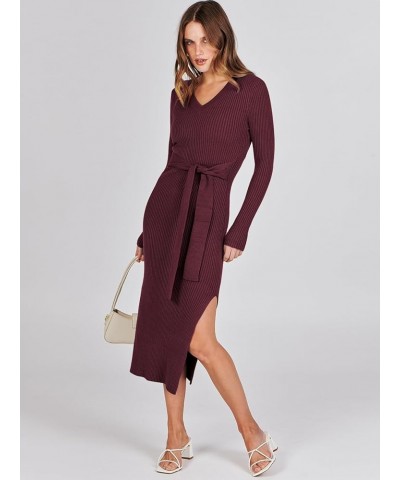 Women's Crew Neck Long Sleeve Midi Sweater Dress Elegant Side Slit Rib Knit Slim Tie Waist Bodycon Dress with Belt 01-burgund...