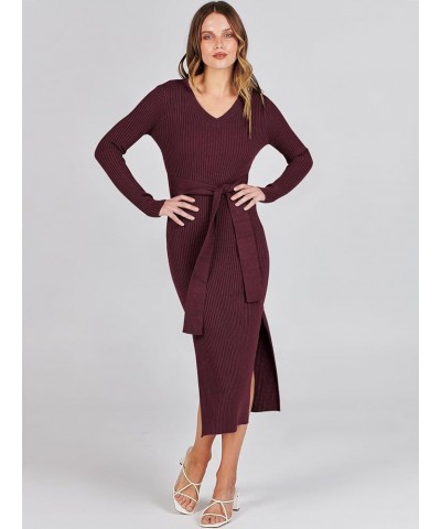 Women's Crew Neck Long Sleeve Midi Sweater Dress Elegant Side Slit Rib Knit Slim Tie Waist Bodycon Dress with Belt 01-burgund...