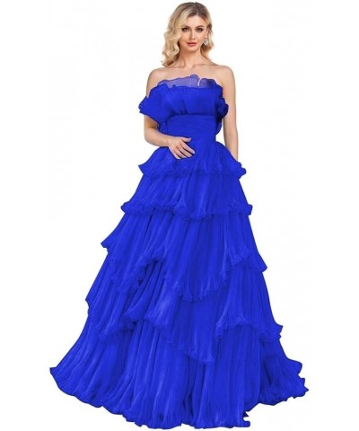 Strapless Ruffles Prom Dresses Long Tiered Tulle Ball Gown Princess Formal Evening Gowns for Women Royal Blue $43.20 Dresses