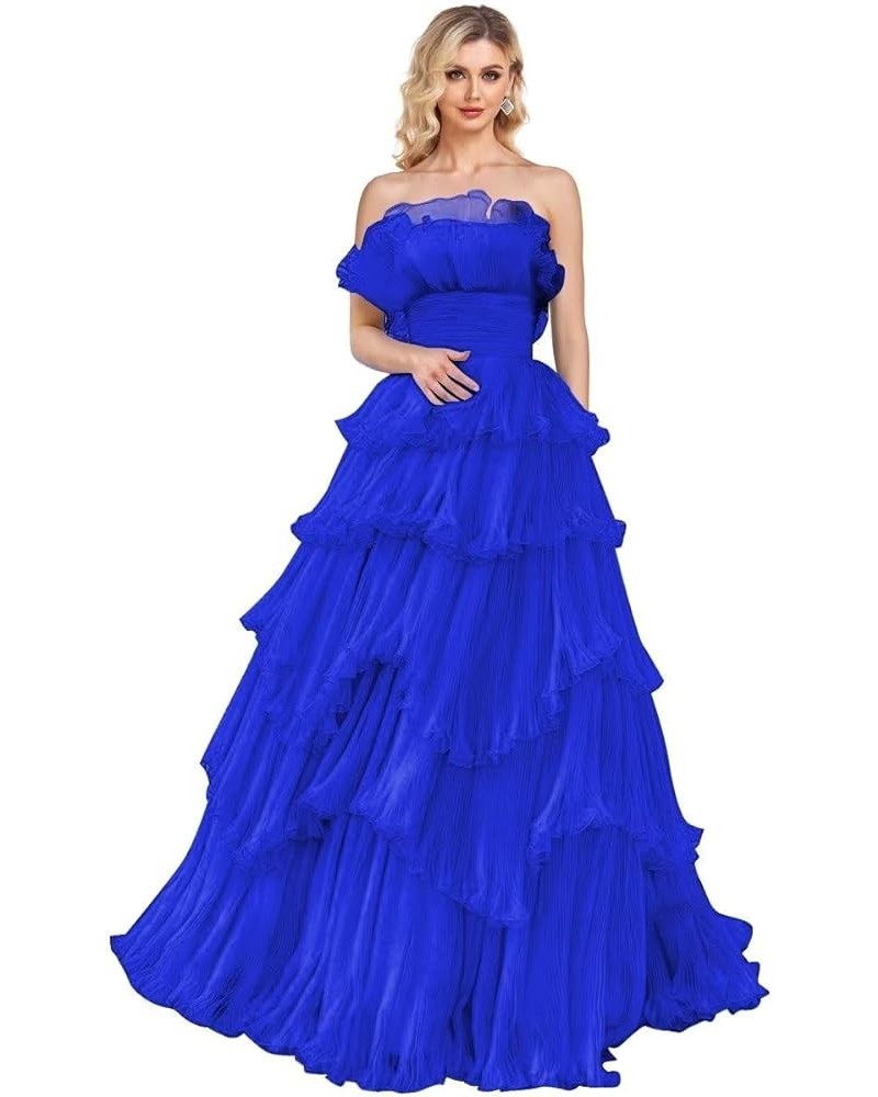 Strapless Ruffles Prom Dresses Long Tiered Tulle Ball Gown Princess Formal Evening Gowns for Women Royal Blue $43.20 Dresses