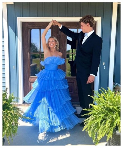 Strapless Ruffles Prom Dresses Long Tiered Tulle Ball Gown Princess Formal Evening Gowns for Women Royal Blue $43.20 Dresses