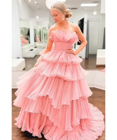 Strapless Ruffles Prom Dresses Long Tiered Tulle Ball Gown Princess Formal Evening Gowns for Women Royal Blue $43.20 Dresses