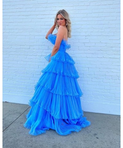 Strapless Ruffles Prom Dresses Long Tiered Tulle Ball Gown Princess Formal Evening Gowns for Women Royal Blue $43.20 Dresses