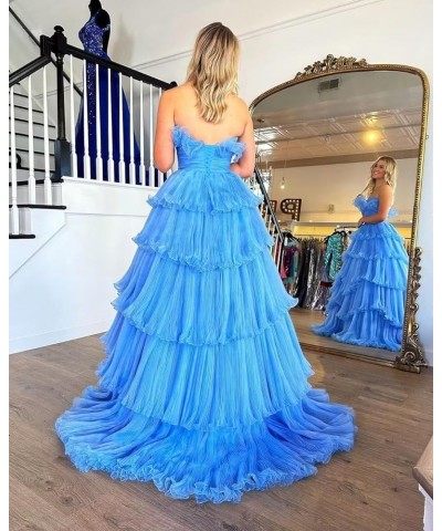 Strapless Ruffles Prom Dresses Long Tiered Tulle Ball Gown Princess Formal Evening Gowns for Women Royal Blue $43.20 Dresses