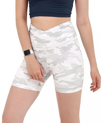 Gathered Cross Waist Yoga Shorts for Women, 5" Crossover Sports Athletic Workout Running Biker Shorts No Pocket White Camo $1...