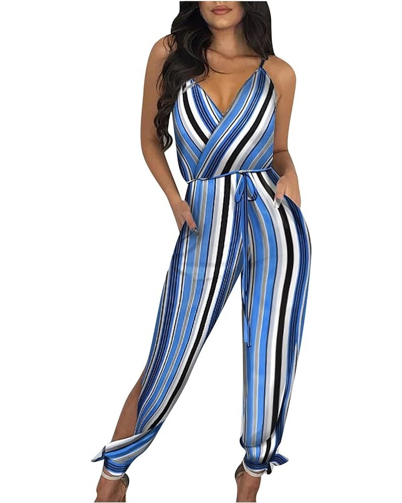 Women's Jumpsuits Striped Spaghetti Strap Summer Overalls Sexy V Neck Sleeveless Long Pants Rompers with Belt Blue $5.82 Jump...