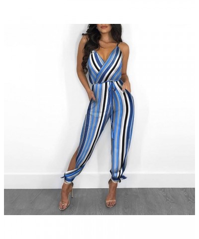 Women's Jumpsuits Striped Spaghetti Strap Summer Overalls Sexy V Neck Sleeveless Long Pants Rompers with Belt Blue $5.82 Jump...