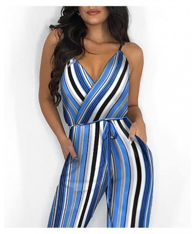 Women's Jumpsuits Striped Spaghetti Strap Summer Overalls Sexy V Neck Sleeveless Long Pants Rompers with Belt Blue $5.82 Jump...