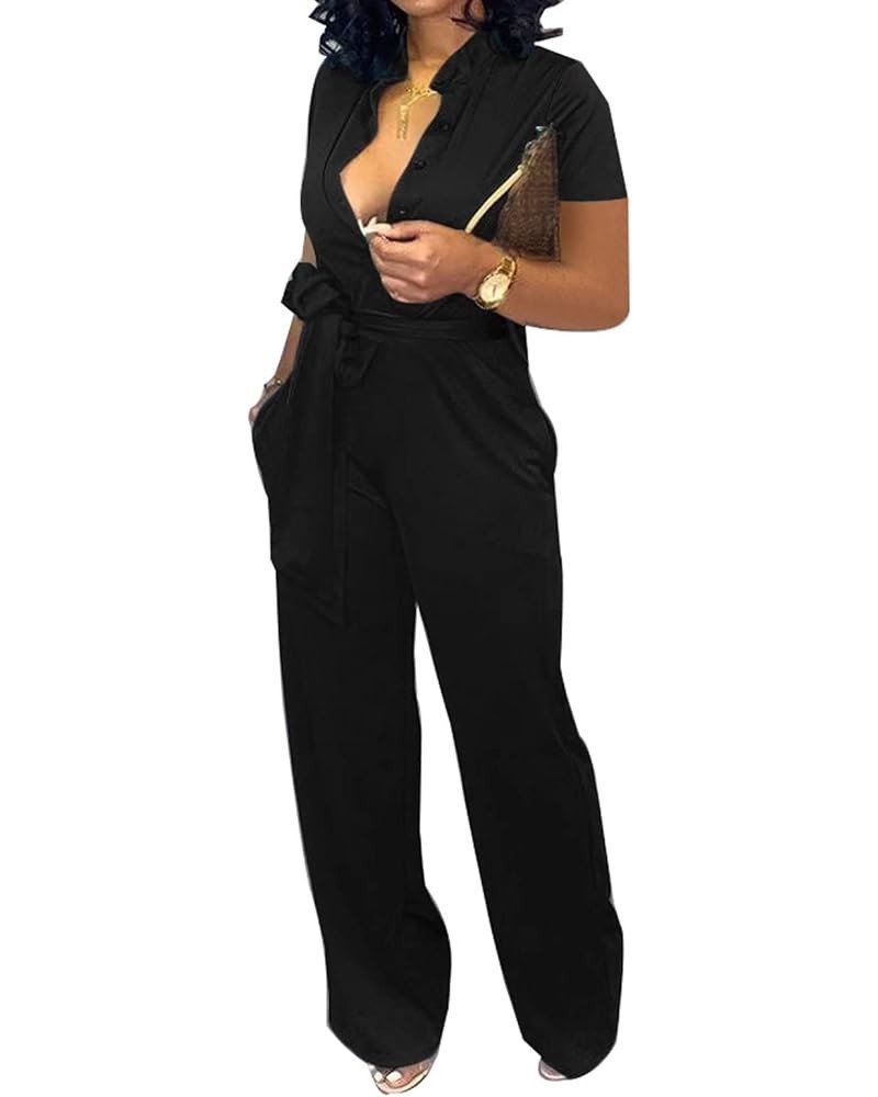 Women's Sexy V Neck Jumpsuits Elegant Long Sleeve Button Down Straight Long Pants Business Romper With Pockets Belt Short Sle...