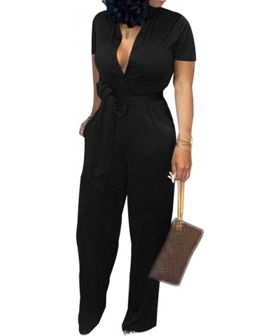 Women's Sexy V Neck Jumpsuits Elegant Long Sleeve Button Down Straight Long Pants Business Romper With Pockets Belt Short Sle...