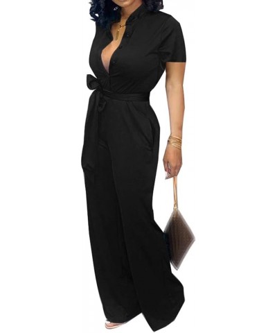 Women's Sexy V Neck Jumpsuits Elegant Long Sleeve Button Down Straight Long Pants Business Romper With Pockets Belt Short Sle...