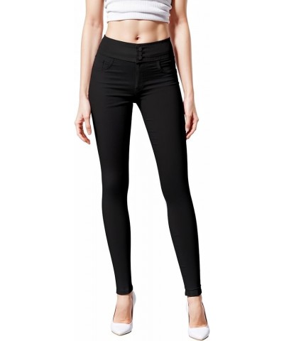 Womens Hyper Ultra Stretch Comfy Skinny Leg 3 Button Wide Waist Work Casual Pants Black $18.55 Pants