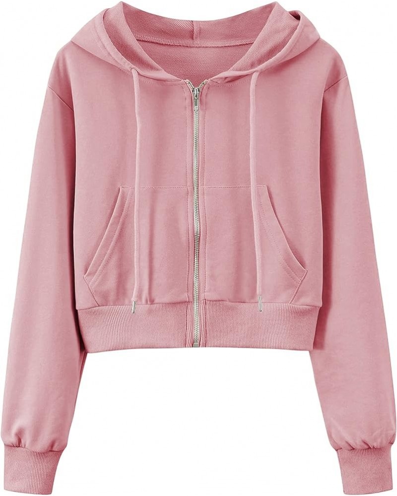 Women's Casual Workout Long Sleeve Cropped Zip Up Hooded Hoodies Sweatshirts Pink $12.99 Activewear