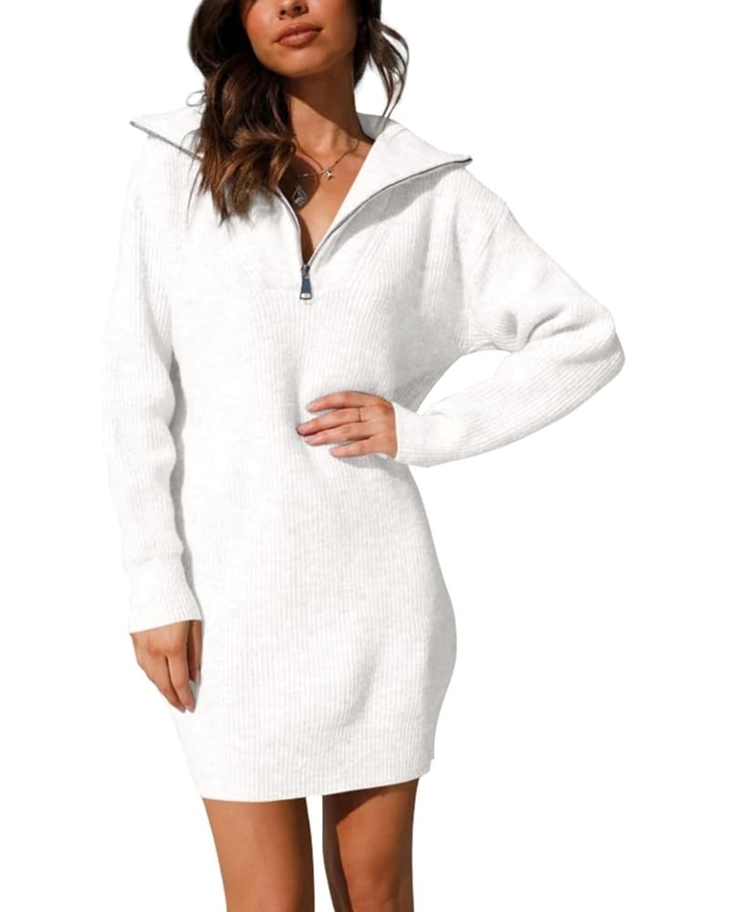 Women's Pullover V Neck Sweaters Fall Casual Long Sleeve Knit Zip Up Mini Sweater Dresses White $13.49 Sweaters