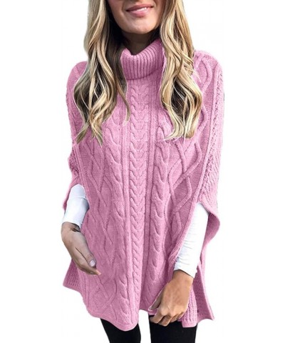 Womens 2023 Cable Knit Turtleneck Poncho Sweater Elegant Chunky Loose Cape Wrap Sweaters Pullover Chic Jumper Tops Pink $13.2...