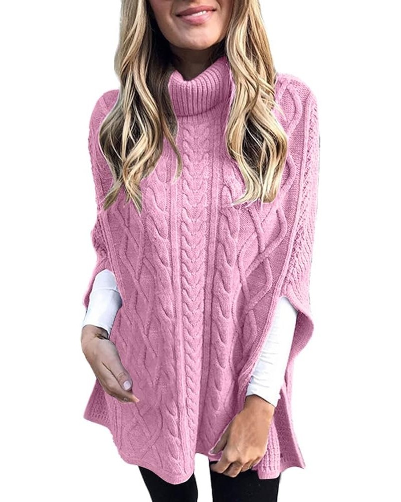 Womens 2023 Cable Knit Turtleneck Poncho Sweater Elegant Chunky Loose Cape Wrap Sweaters Pullover Chic Jumper Tops Pink $13.2...