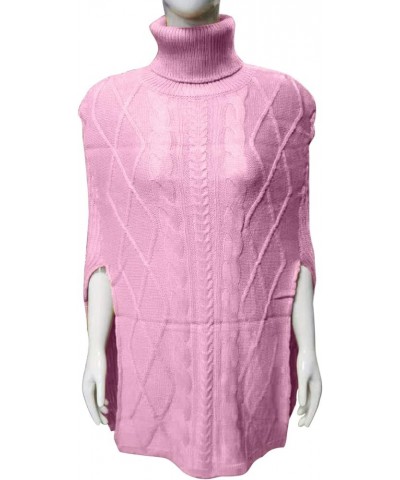 Womens 2023 Cable Knit Turtleneck Poncho Sweater Elegant Chunky Loose Cape Wrap Sweaters Pullover Chic Jumper Tops Pink $13.2...