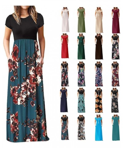 Maxi Dress for Women Plus Size Short Sleeve Loose Plain Casual Long Maxi Dresses Floral Empire Waist Dress with Pockets A-mul...