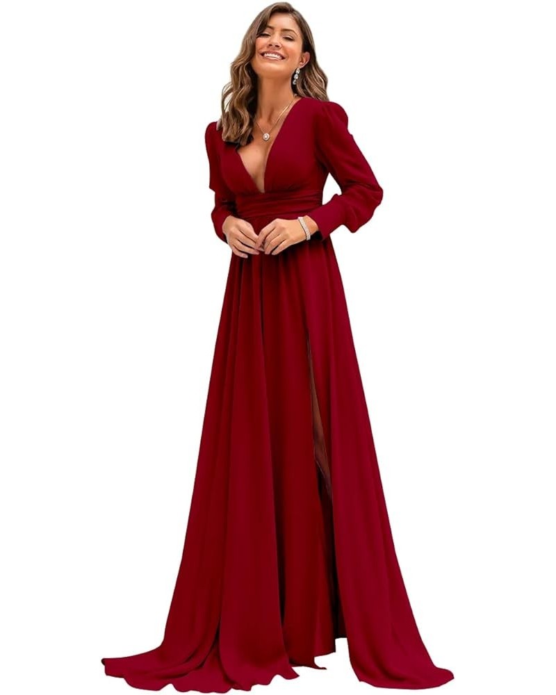 FUTUSM Long Sleeve Bridesmaid Dresses with Slit for Women V Neck Open Back Chiffon Formal Evening Gown Burgundy $29.25 Dresses