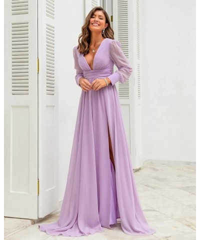 FUTUSM Long Sleeve Bridesmaid Dresses with Slit for Women V Neck Open Back Chiffon Formal Evening Gown Burgundy $29.25 Dresses