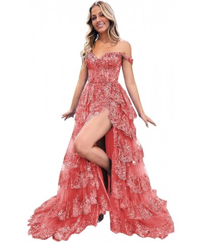 Women's Off The Shoulder Prom Dresses Long Ball Gown with Slit Sparkly Sequins Tiered Skirt Formal Party Gowns Coral $34.50 D...