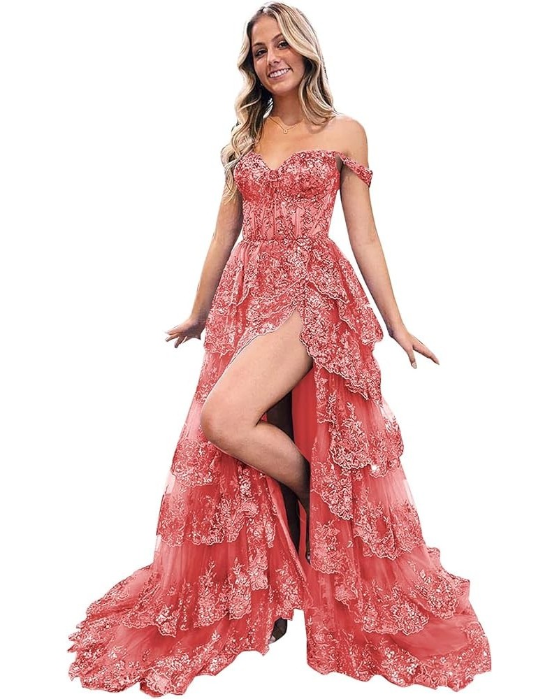 Women's Off The Shoulder Prom Dresses Long Ball Gown with Slit Sparkly Sequins Tiered Skirt Formal Party Gowns Coral $34.50 D...