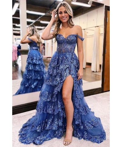 Women's Off The Shoulder Prom Dresses Long Ball Gown with Slit Sparkly Sequins Tiered Skirt Formal Party Gowns Coral $34.50 D...