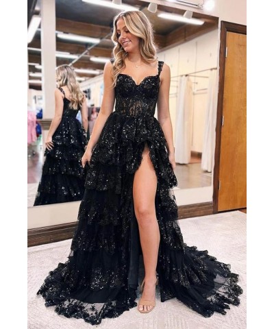 Women's Off The Shoulder Prom Dresses Long Ball Gown with Slit Sparkly Sequins Tiered Skirt Formal Party Gowns Coral $34.50 D...