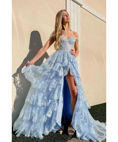 Women's Off The Shoulder Prom Dresses Long Ball Gown with Slit Sparkly Sequins Tiered Skirt Formal Party Gowns Coral $34.50 D...