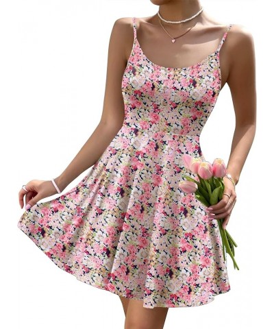 Women's Summer Dress Adjustable Spaghetti Strap Floral Mini Casual Dress with Pockets Fit & Flare Beach Sundress Pink Floral ...